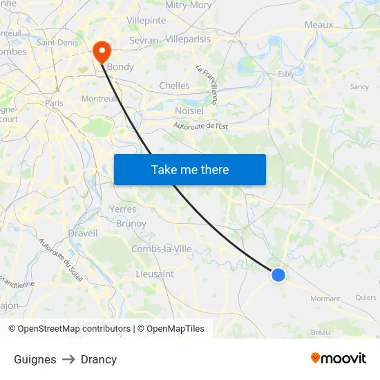 Guignes to Drancy map
