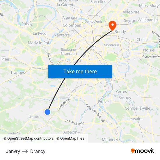 Janvry to Drancy map