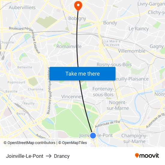 Joinville-Le-Pont to Drancy map
