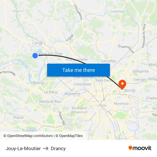 Jouy-Le-Moutier to Drancy map