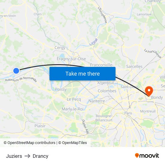 Juziers to Drancy map