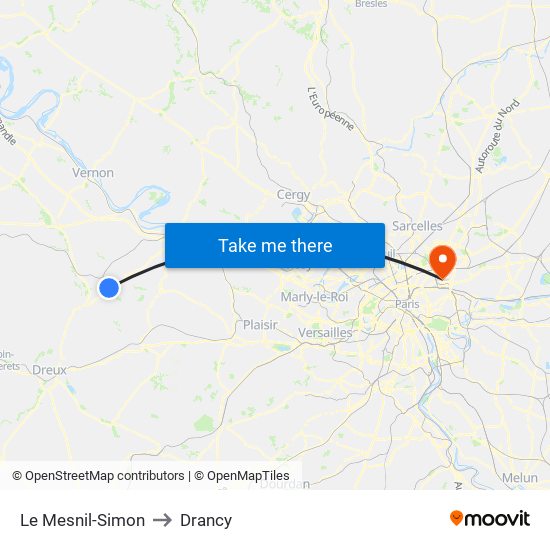 Le Mesnil-Simon to Drancy map