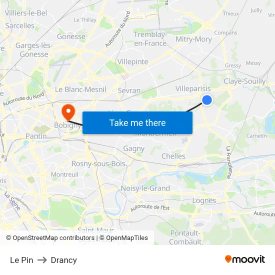 Le Pin to Drancy map