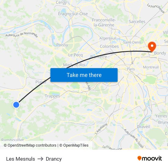 Les Mesnuls to Drancy map
