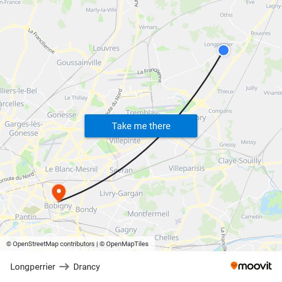 Longperrier to Drancy map