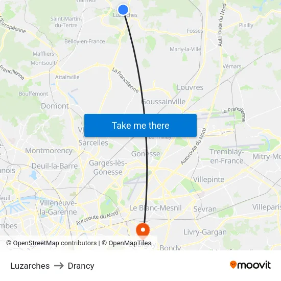 Luzarches to Drancy map