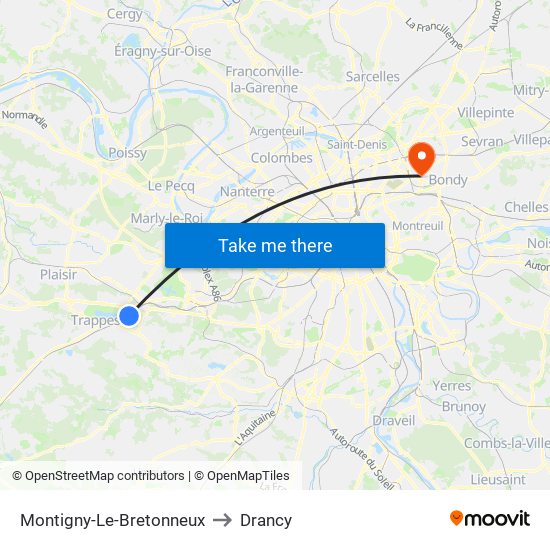 Montigny-Le-Bretonneux to Drancy map