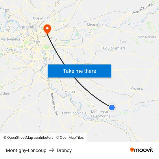 Montigny-Lencoup to Drancy map