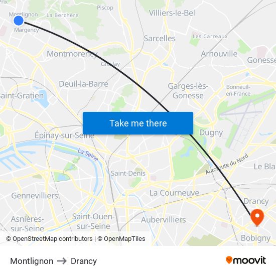 Montlignon to Drancy map