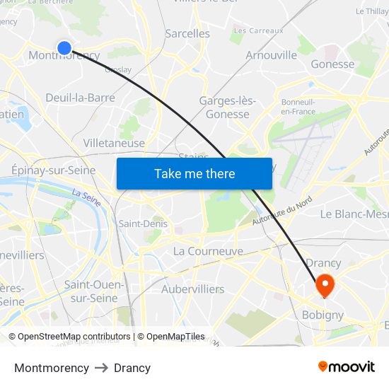 Montmorency to Drancy map