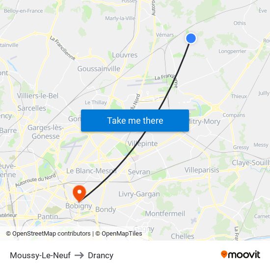 Moussy-Le-Neuf to Drancy map