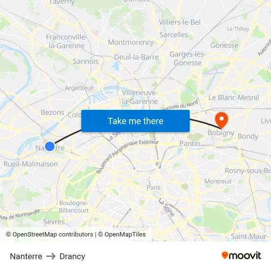 Nanterre to Drancy map