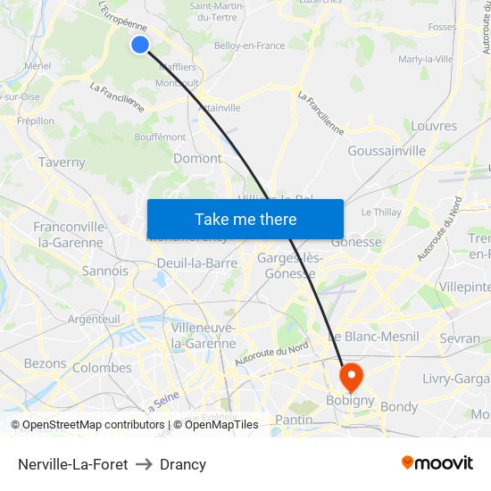 Nerville-La-Foret to Drancy map