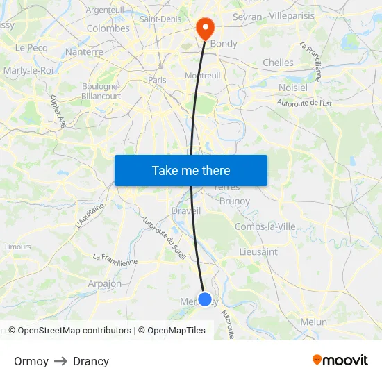 Ormoy to Drancy map