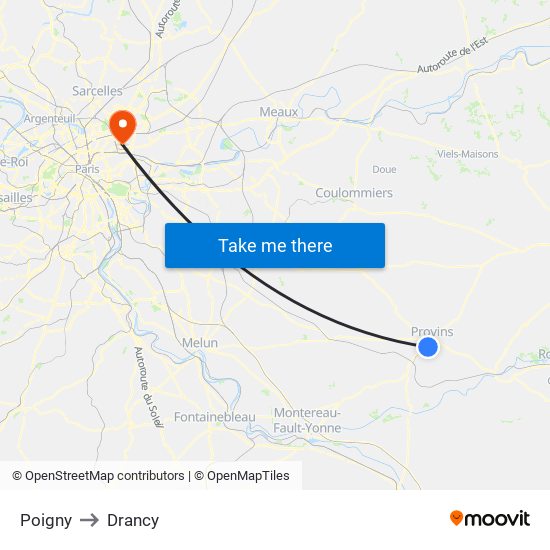 Poigny to Drancy map