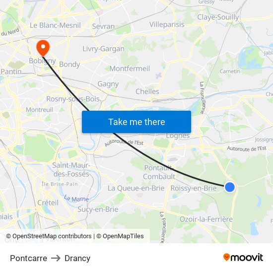 Pontcarre to Drancy map