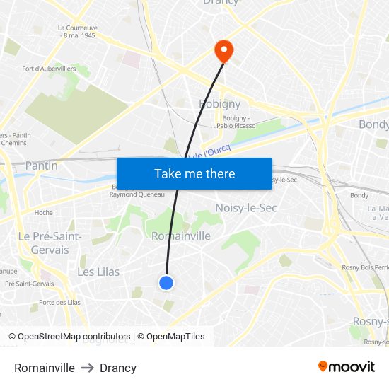 Romainville to Drancy map
