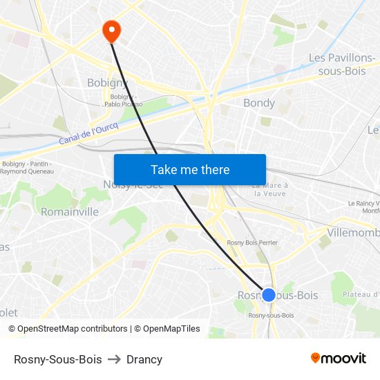 Rosny-Sous-Bois to Drancy map