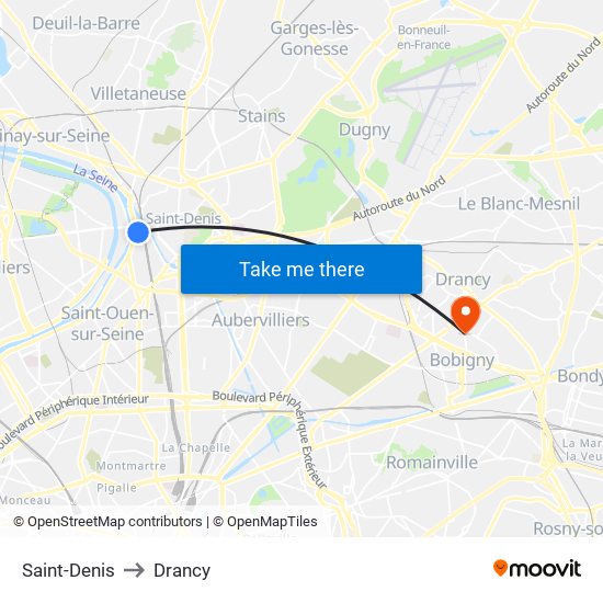 Saint-Denis to Drancy map