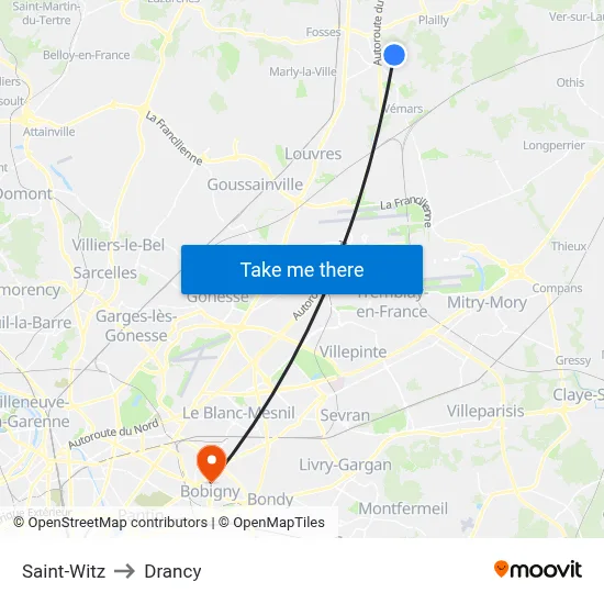 Saint-Witz to Drancy map