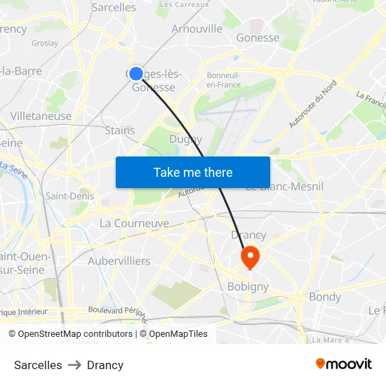 Sarcelles to Drancy map