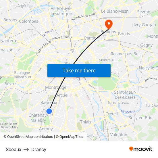 Sceaux to Drancy map