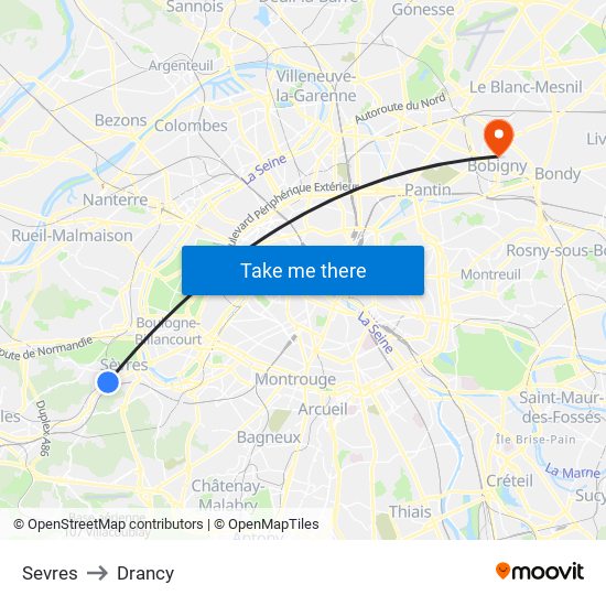 Sevres to Drancy map