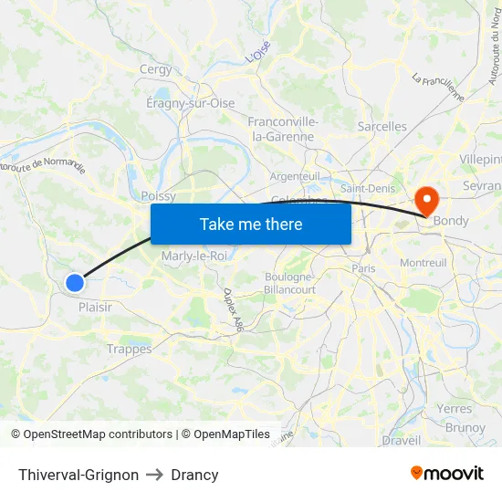 Thiverval-Grignon to Drancy map