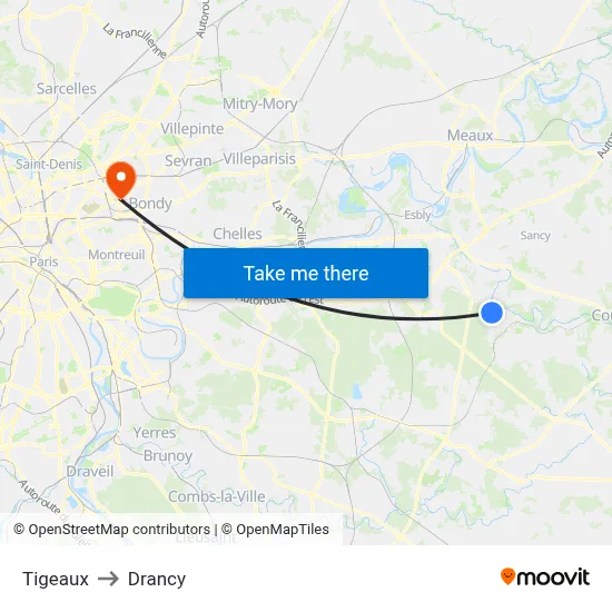 Tigeaux to Drancy map