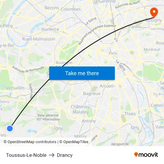 Toussus-Le-Noble to Drancy map
