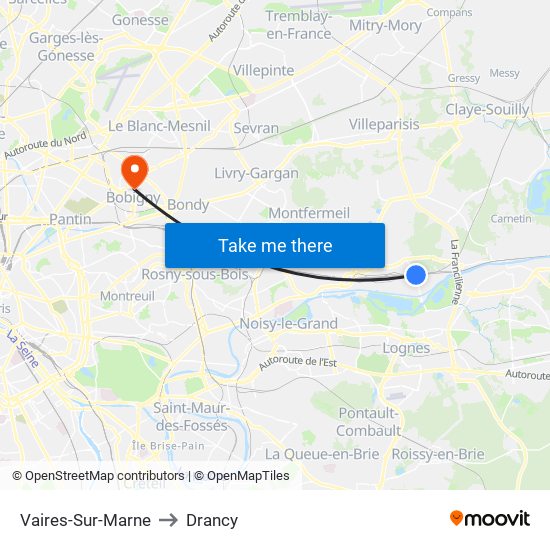 Vaires-Sur-Marne to Drancy map