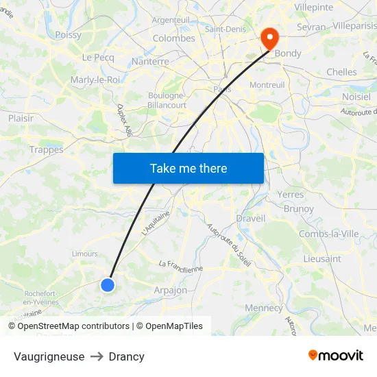 Vaugrigneuse to Drancy map