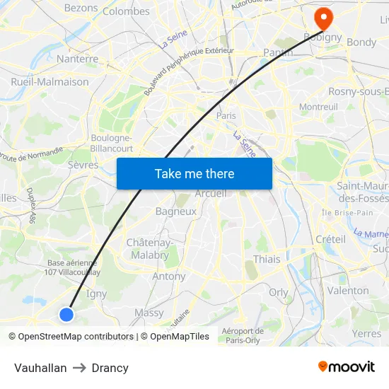 Vauhallan to Drancy map
