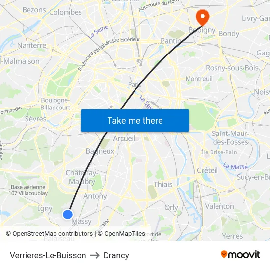 Verrieres-Le-Buisson to Drancy map