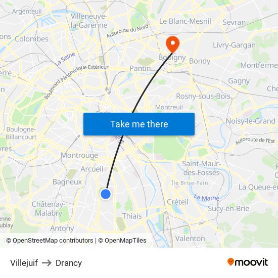 Villejuif to Drancy map