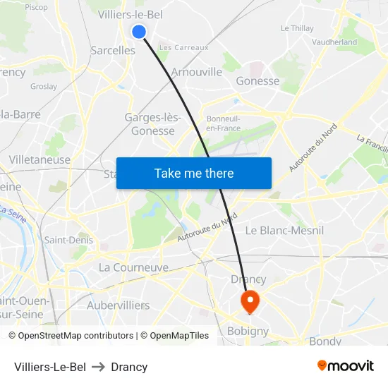 Villiers-Le-Bel to Drancy map