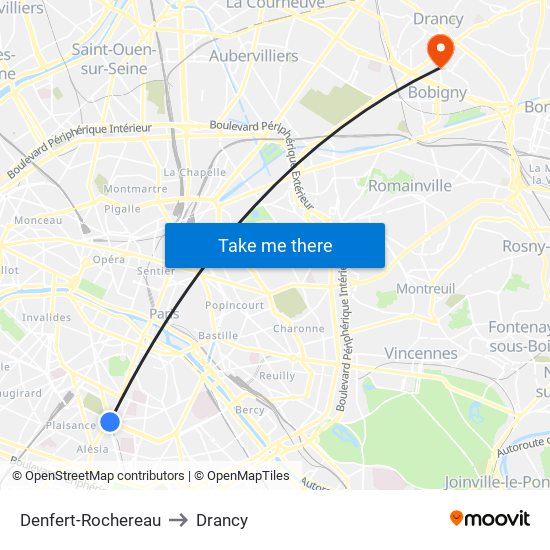 Denfert-Rochereau to Drancy map