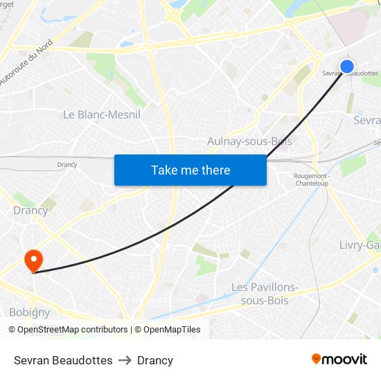 Sevran Beaudottes to Drancy map