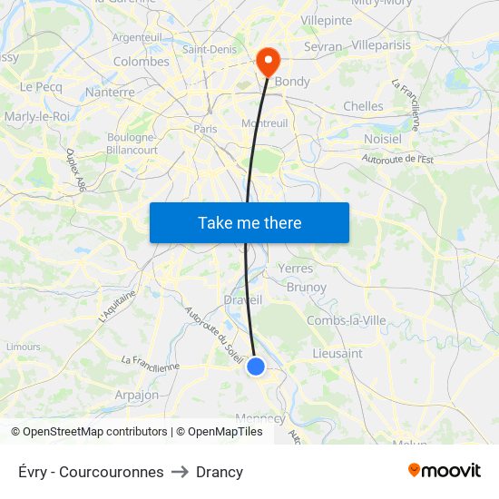 Évry - Courcouronnes to Drancy map