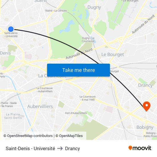 Saint-Denis - Université to Drancy map
