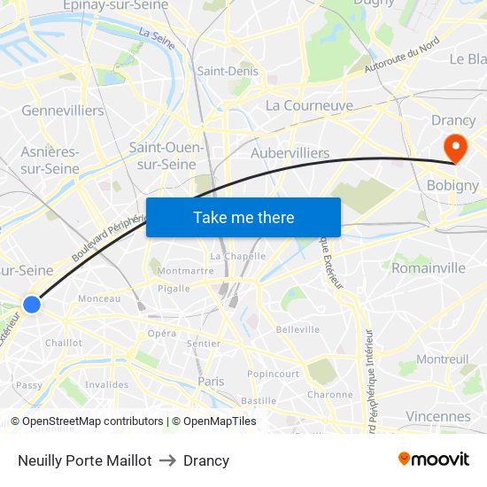 Neuilly Porte Maillot to Drancy map
