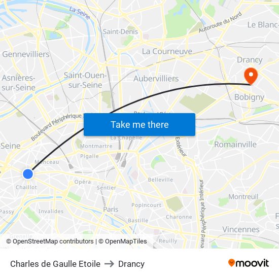 Charles de Gaulle Etoile to Drancy map