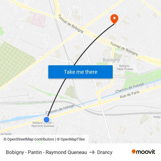 Bobigny - Pantin - Raymond Queneau to Drancy map