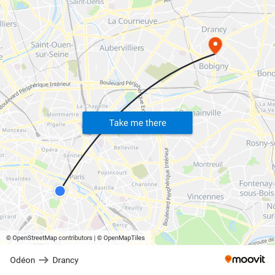 Odéon to Drancy map