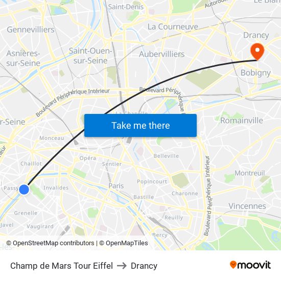 Champ de Mars Tour Eiffel to Drancy map