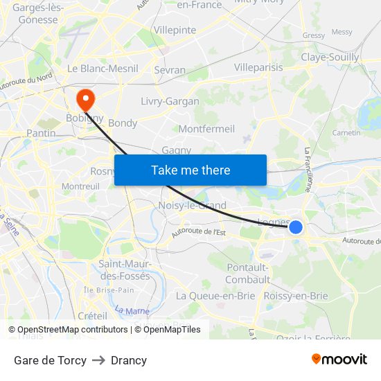 Gare de Torcy to Drancy map