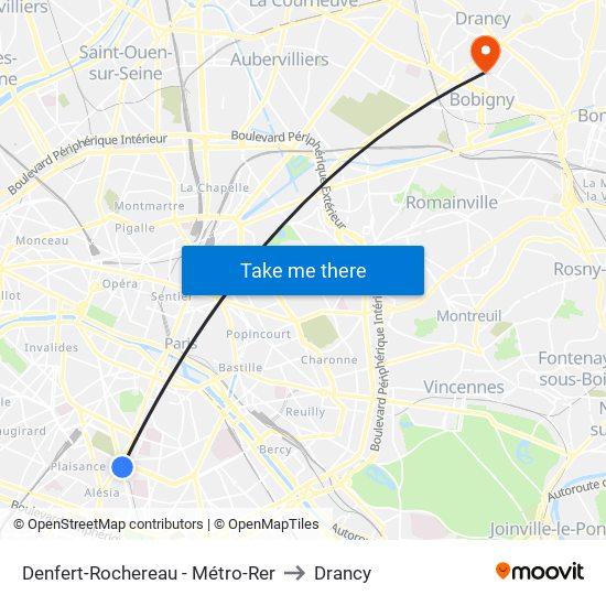 Denfert-Rochereau - Métro-Rer to Drancy map