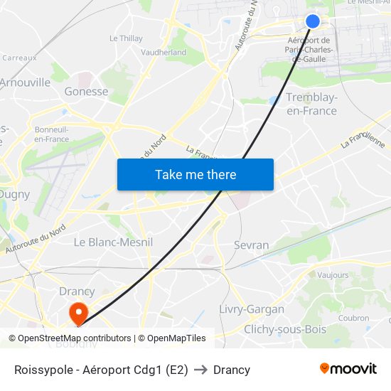 Roissypole - Aéroport Cdg1 (E2) to Drancy map