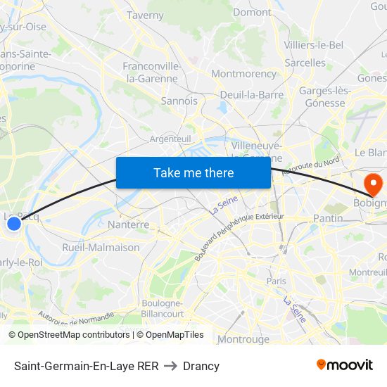 Saint-Germain-En-Laye RER to Drancy map