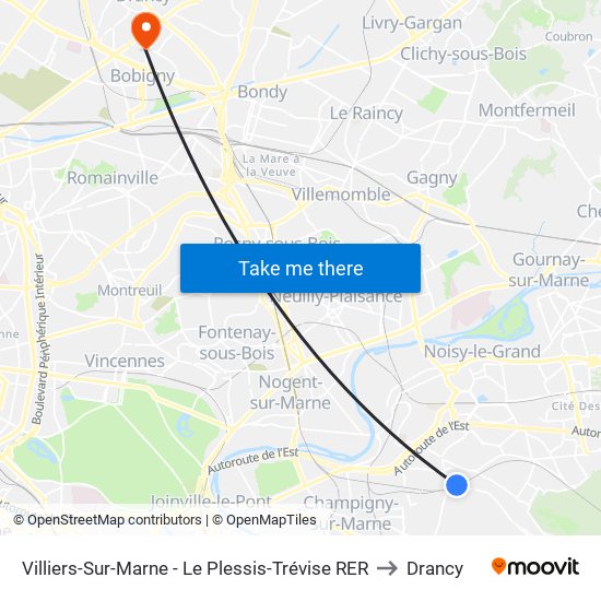 Villiers-Sur-Marne - Le Plessis-Trévise RER to Drancy map
